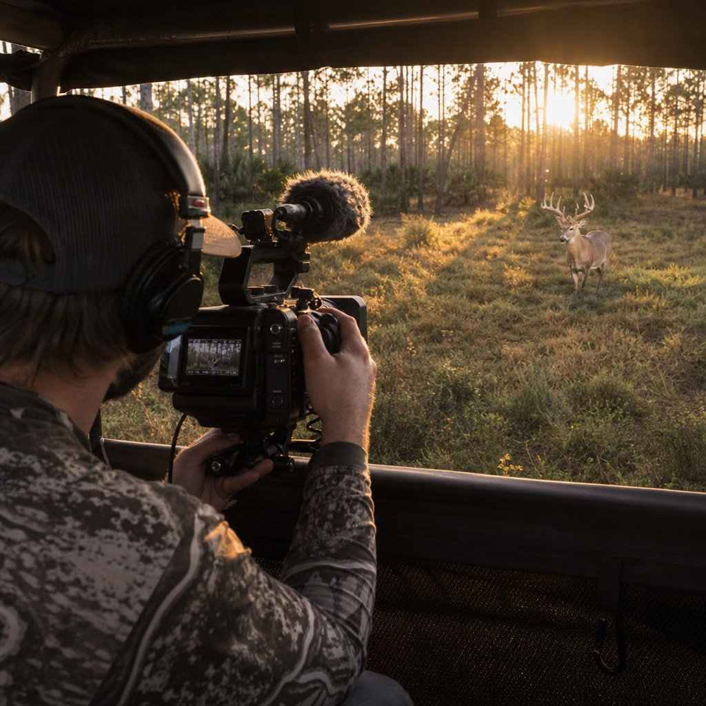 Videographer filming whitetail deer hunt at Mosquito Creek Plantation